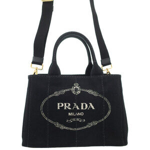 Prada Canapa Tote canvas handbag top handles 2way Black